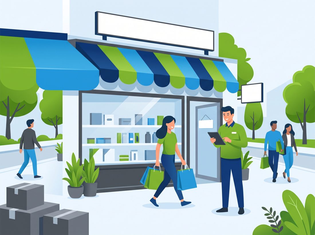 Ilustração de uma loja com vitrine, lojista e clientes com sacolas