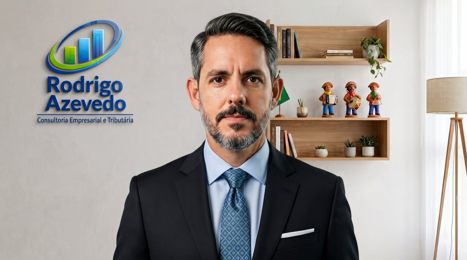 Rodrigo Azevedo em seu escritório, com o logotipo da consultoria ao fundo